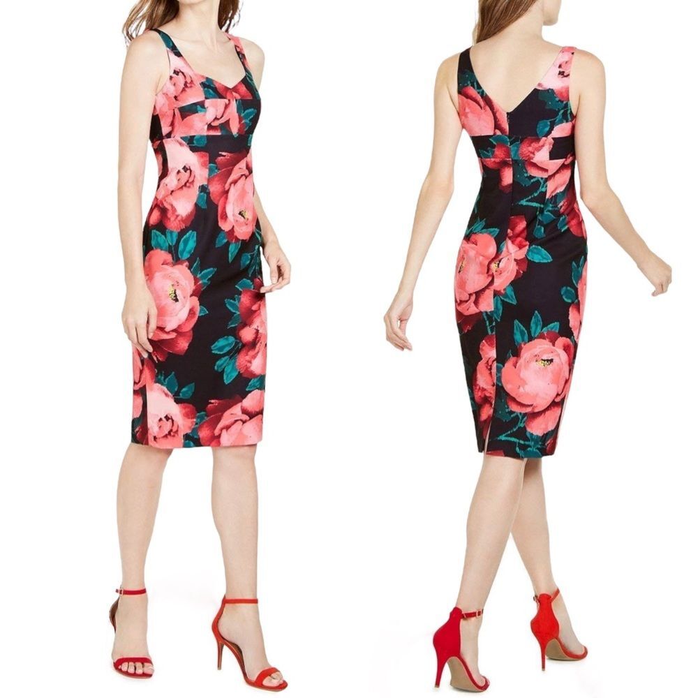 NWT Trina Turk Sleeveless Floral Midi Dress Pink Red Black Size 0 Wedding Guest